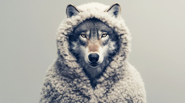 Retrato de um lobo em pele de cordeiro simbolizando o mal vestido de bem