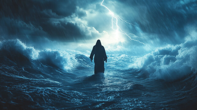 Um representa&ccedil;&atilde;o b&iacute;blica de Jesus andando sobre as &aacute;guas durante uma tempestade