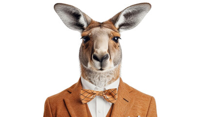 A stylish kangaroo in a formal suit and bow tie, blending elegance and whimsy in a unique character portrait.