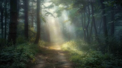 Obraz premium Sunbeams Through The Misty Forest