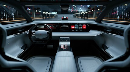 A futuristic car with a steering wheel and a dashboard with a red button