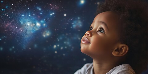 happy african american toddler astrophysicist, space background,