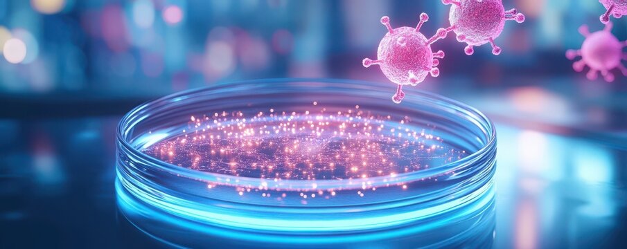 A vibrant petri dish scene depicting colorful particles and floating microbes in a modern lab setting.