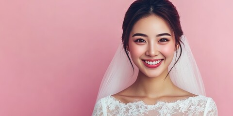happy asian female bride, solid background, copy space 