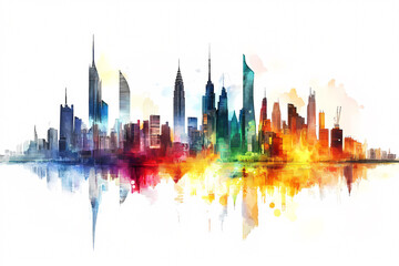 Obraz premium Vibrant abstract cityscape watercolor illustration with colorful buildings and reflections
