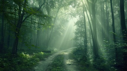 Fototapeta premium Sunbeams through a Misty Forest Path