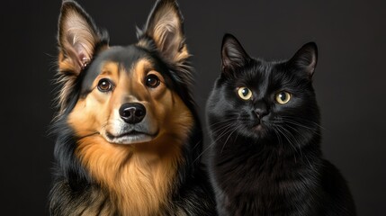 Obraz premium Studio portrait of a happy Icelandic Sheepdog with a playful expression, sitting next to a serene black cat, emphasizing their unique but harmonious friendship.