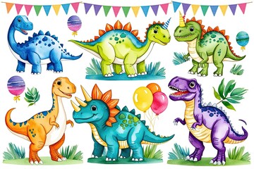Fototapeta premium Adorably Colorful Watercolor Dinosaur Illustrations for Fun Birthday Parties and Baby Showers