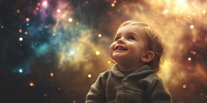 happy toddler astrophysicist, space background,