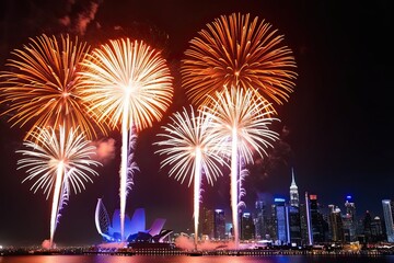 Stunning Orange and White Fireworks Illuminate New Year Celebration in Festive Night Sky
