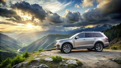 Naklejka premium Luxury SUV with sleek design and chrome accents parked on a scenic mountain overlook, surrounded by lush greenery and dramatic cloudy skies.