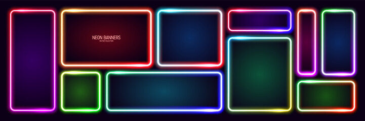 Colorful glowing neon banners, illuminated square frames. Shiny vibrant border, glow effect. Purple vintage retro lights, night illumination. Modern futuristic UI design elements. Vector illustration