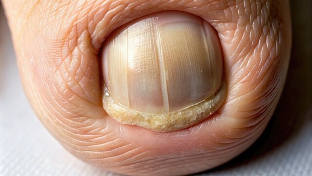 Macro close-up of the human toe anatomy, showcasing the toenail, nail bed, cuticle, and surrounding skin folds in high-definition detail.