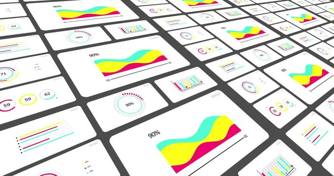 3D animated Infographics set. Animation of seven different charts and graphs in bright color isolated on white background. High quality 4k motion design