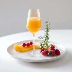 Glass of orange juice with fruit and rosemary on a white plate