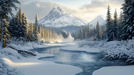 Obraz premium A winding river flows through a snow-covered forest towards a majestic mountain peak in the distance, illuminated by the soft light of a winter sunrise.