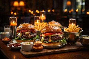 Wooden restaurant table full of delicious hamburgers and chips. Classic hamburge, generative IA