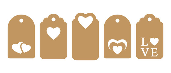 Set of gift or price tags shapes with hearts and love. Vector templates for cutting. Valentine's Day tag stencils. Craft paper or cardboard labels cut files