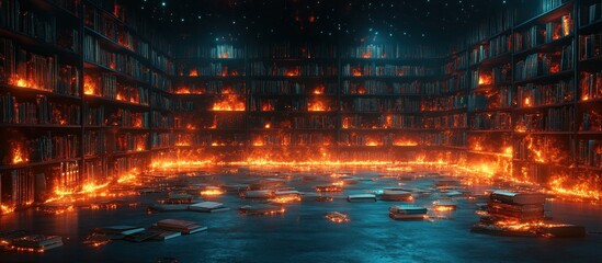 Fototapeta premium Burning Library: A Visual Metaphor of Lost Knowledge