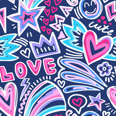 Fototapeta premium Seamless pattern with hand draw hearts, rainbow, stars, words and signs. Pastel Abstract print on black background for fabric, textile, wallpaper, apparel. Vector illustration for little girl. 