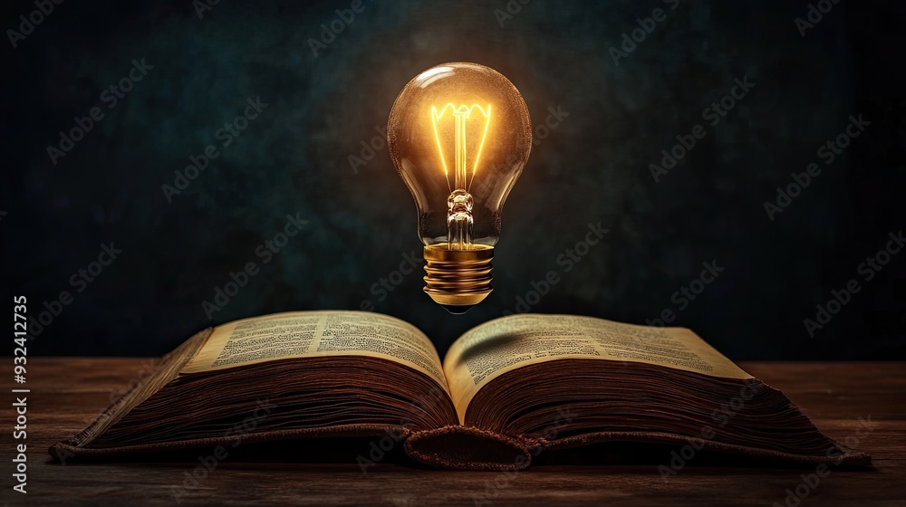 Fototapete a bright light bulb glowing above an open book, symbolizing the light of knowledge and the power of 