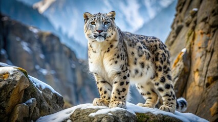 Obraz premium Magnificent snow leopard in its natural habitat, solitary and majestic, with a thick white coat and piercing eyes, set against a rugged mountainous backdrop.