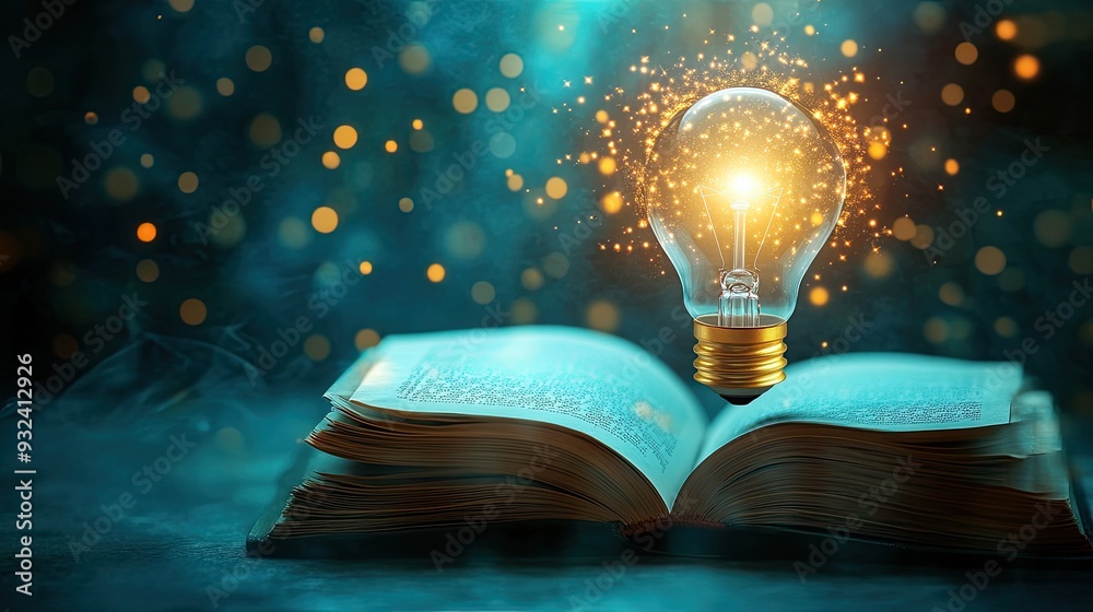 Fototapete A bright light bulb glowing above an open book, symbolizing the light of knowledge and the power of learning. The image is ideal for educational themes