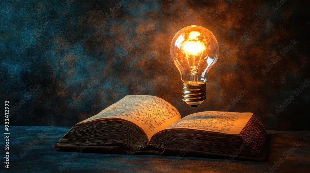 Fototapete a bright light bulb glowing above an open book, symbolizing the light of knowledge and the power of 