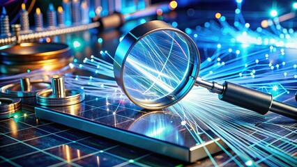 Magnifying lens and optic fibers on a laboratory workbench, surrounded by scientific instruments and diagrams, illustrating the principles of optical science and technology.