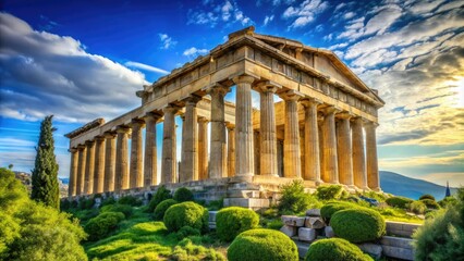 Obraz premium Majestic ancient Parthenon temple in Athens, Greece, standing proud amidst lush greenery, with iconic Doric columns and elegant marble architecture under a bright blue sky.
