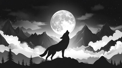 Fototapeta premium A wolf silhouette howls at the full moon against a backdrop of mountains and clouds in the night sky.