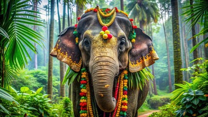 Majestic Asian elephant adorned with vibrant Indian festival decorations stands proudly in a lush green forest in Kerala, God's Own Country, southern India. © Four888