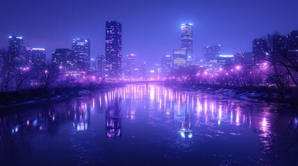 Fototapeta premium Cityscape with River Reflections at Night