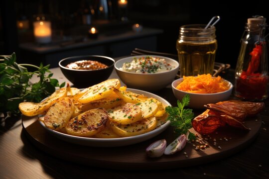 Superior view of crispy chips and non cooked potatoes on the wooden board, diff, generative IA