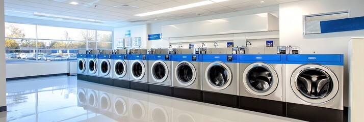 modern laundromat - retail space with washing machines and driers for laundry