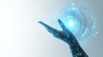 Abstract hand wireframe digital technology concept Finger pointing to circle circuit Blue light on white background high tech future. for templates, web design or presentations.