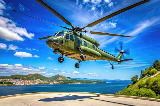 Majestic Croatian Air Force Mi-8 helicopter takes to the sky, rotor blades whirring, amidst a brilliant blue backdrop in Sibenik, Croatia on a sunny summer day.