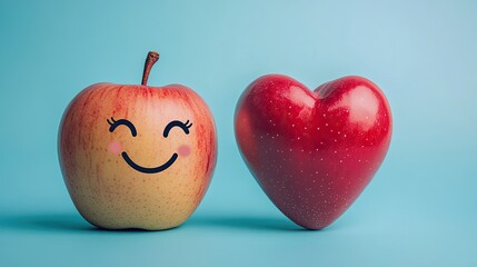 An apple with a happy face next to a human heart model on a blue background, illustrating the importance of nutrition in maintaining cardiovascular health.