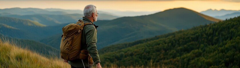 Naklejka premium Retired man hiking in the mountains, symbolizing the active retirement lifestyle supported by a well-funded pension, adventurous retirement, pension-backed exploration