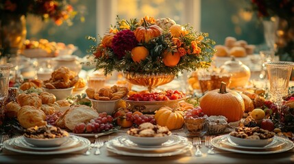 Fototapeta premium A Thanksgiving Feast: A Table Set for a Festive Celebration