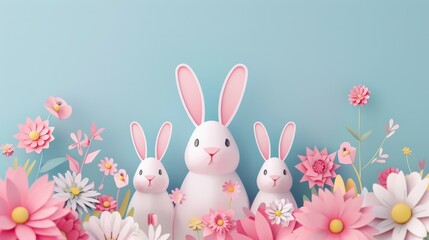 Obraz premium Three rabbits are standing in a field of flowers