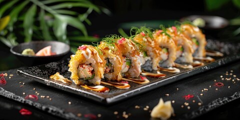 Tempura sushi roll delicately presented with soy sauce pickled ginger and wasabi on a chic black platter set amidst lush foliage