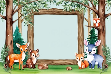 Fototapeta premium Watercolor Woodland Animal Art Frame for Kids Gatherings Invitations and Decor