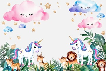 Naklejka premium Whimsical Watercolor Artwork of Adorable Unicorns Fluffy Clouds and Enchanting Jungle Animals on Bright White Background