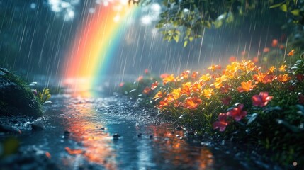 Fototapeta premium Rainbow After the Rain in a Lush Forest