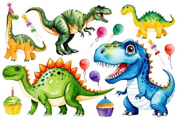 Fototapeta premium Enchanting Watercolor Dino Illustrations: Fun Characters for Kid's Birthday Celebrations and Baby Showers