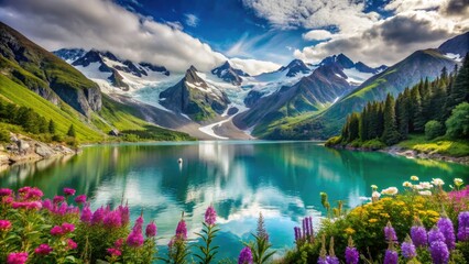 Majestic glaciers and snow-capped mountains tower above a serene turquoise lake, surrounded by lush greenery and vibrant wildflowers, in Alaska's breathtaking wilderness landscape.