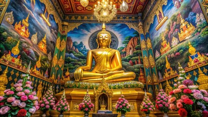 Fototapeta premium Majestic golden Buddha statue sits serenely inside ornate Wat Phra Kaew temple, surrounded by intricate murals and vibrant flowers in Bangkok, Thailand.