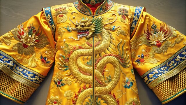 Majestic golden dragon-embroidered imperial robe adorned with precious gems, symbolizing power and grandeur of ancient Chinese royal dynasties.