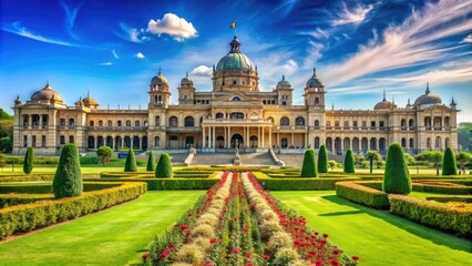 Fototapeta premium Majestic government house with grandiose architecture, lush green gardens, and a grand entrance, symbolizing power and authority, set against a clear blue sky.